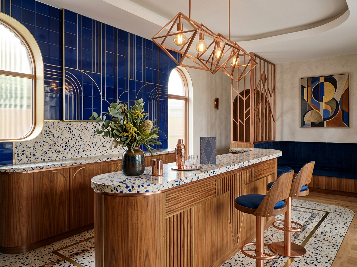 Australian Art Deco interior materials in cobalt, copper and terrazzo