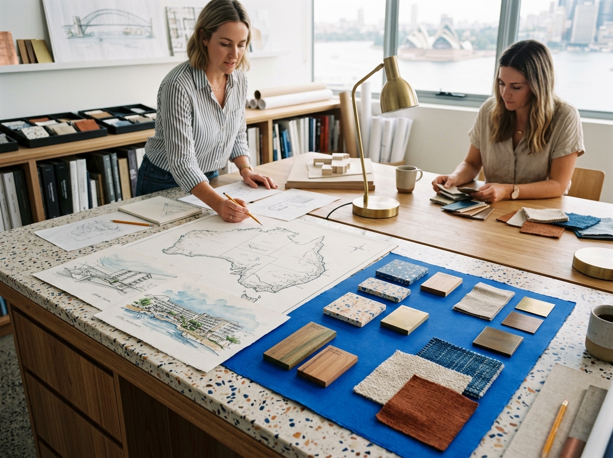 Hospitality design studio with Australian maps and material samples
