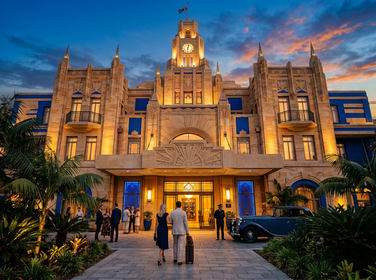 Art Deco-inspired Australian hotel exterior at dusk